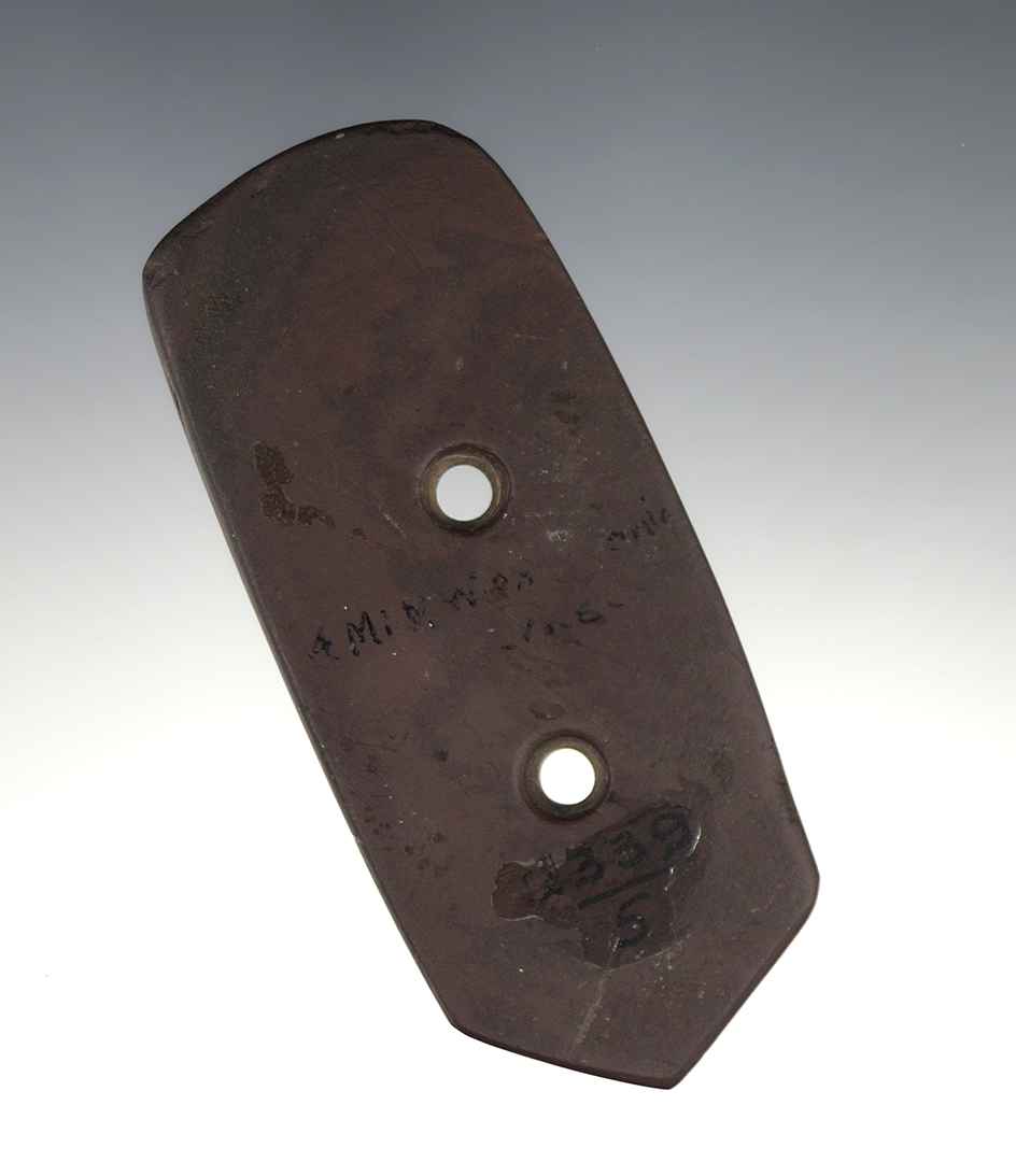 3 3/4" Anciently salvaged brown and black Banded Slate Gorget - Ohio. Ex. Dr. Meuser, Stevens.