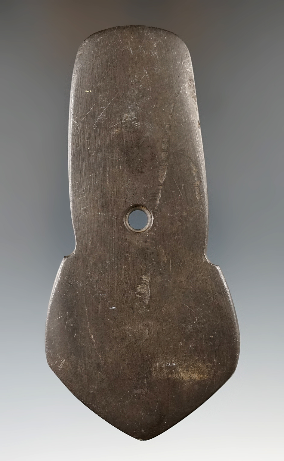 4 3/8" Hopewell Shovel Pendant made from black Slate, found in Erie Co., Ohio. Ex. Bob Haag