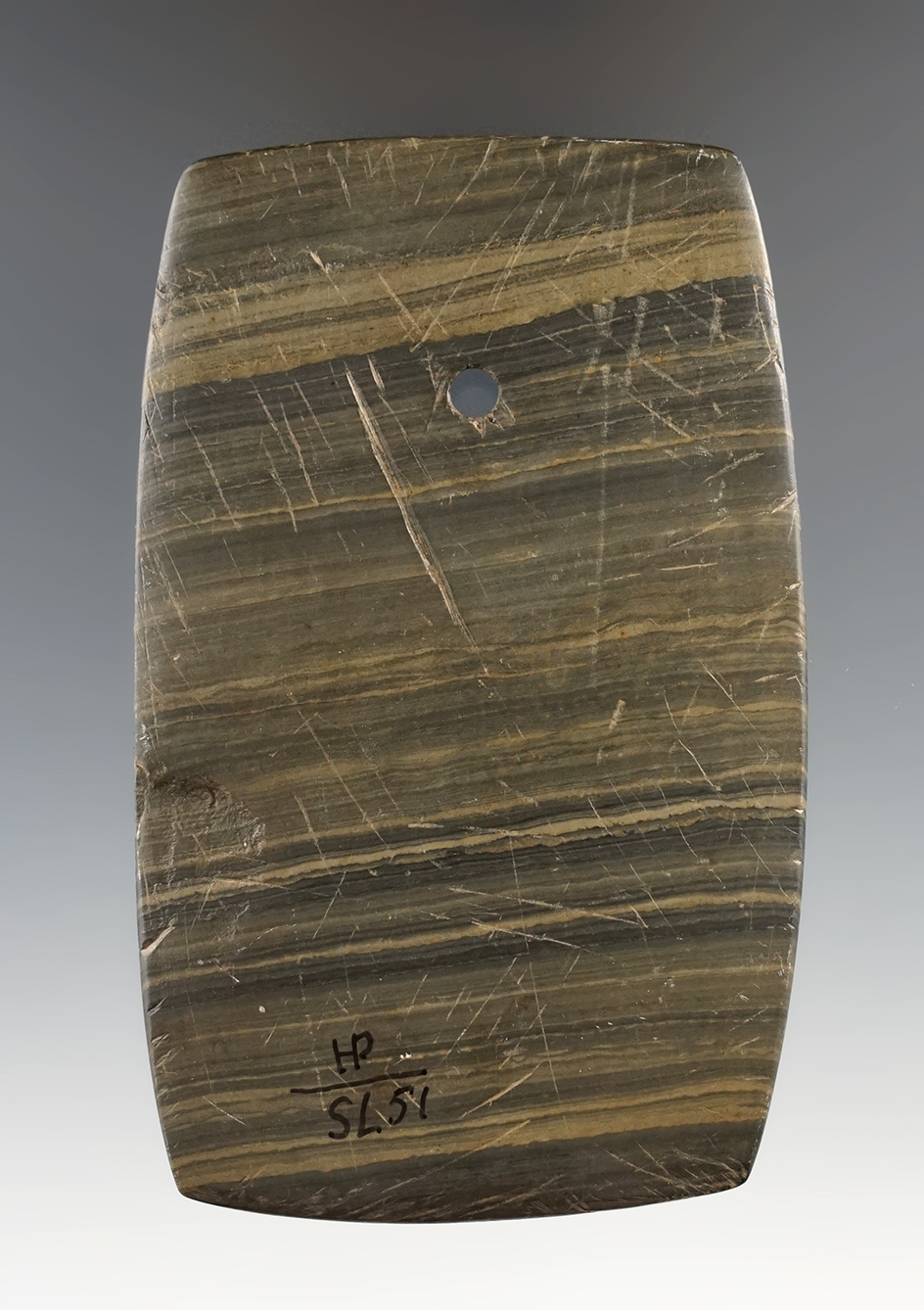4" rectangular pendant found in Coshocton Co., Ohio made from attractive green banded slate.