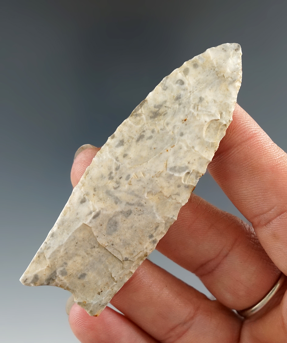 3 1/16" Clovis made from mottled chert, found in Missouri. Comes with a Bennett COA.