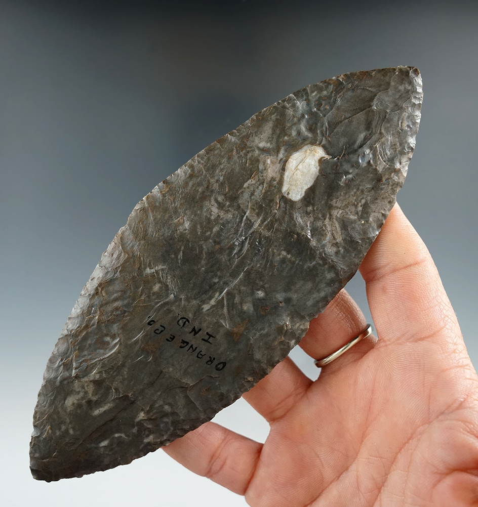5 7/8" Bi-Pointed Blade made from Hornstone. Found in Orange Co., Indiana. Pictured. COAs.