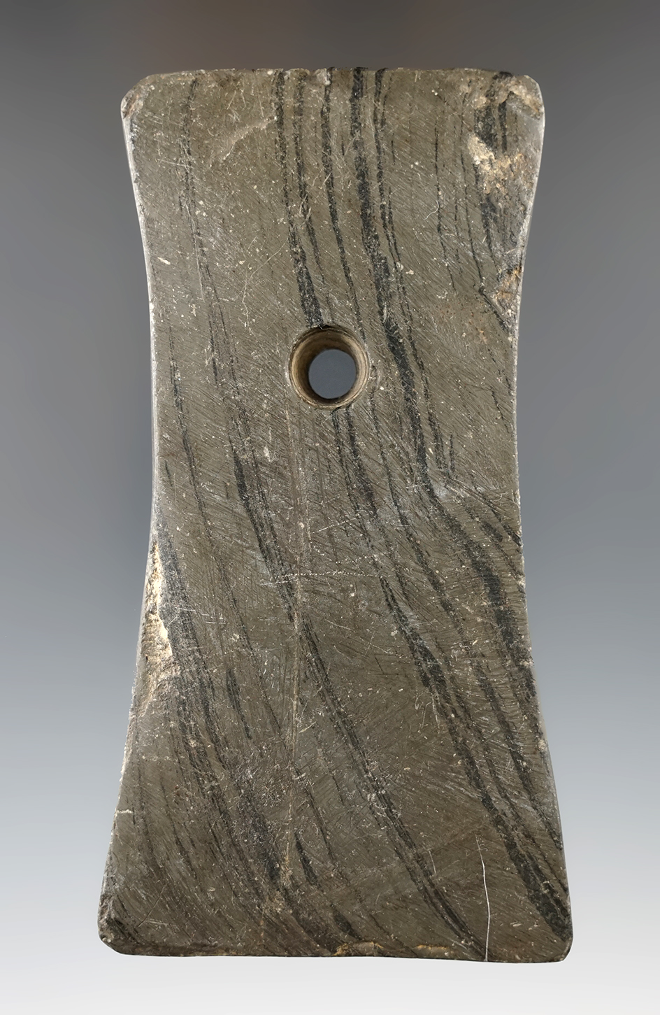 4 5/16" Adena Bell Pendant made from Banded Slate, found in Champaign Co., Ohio.