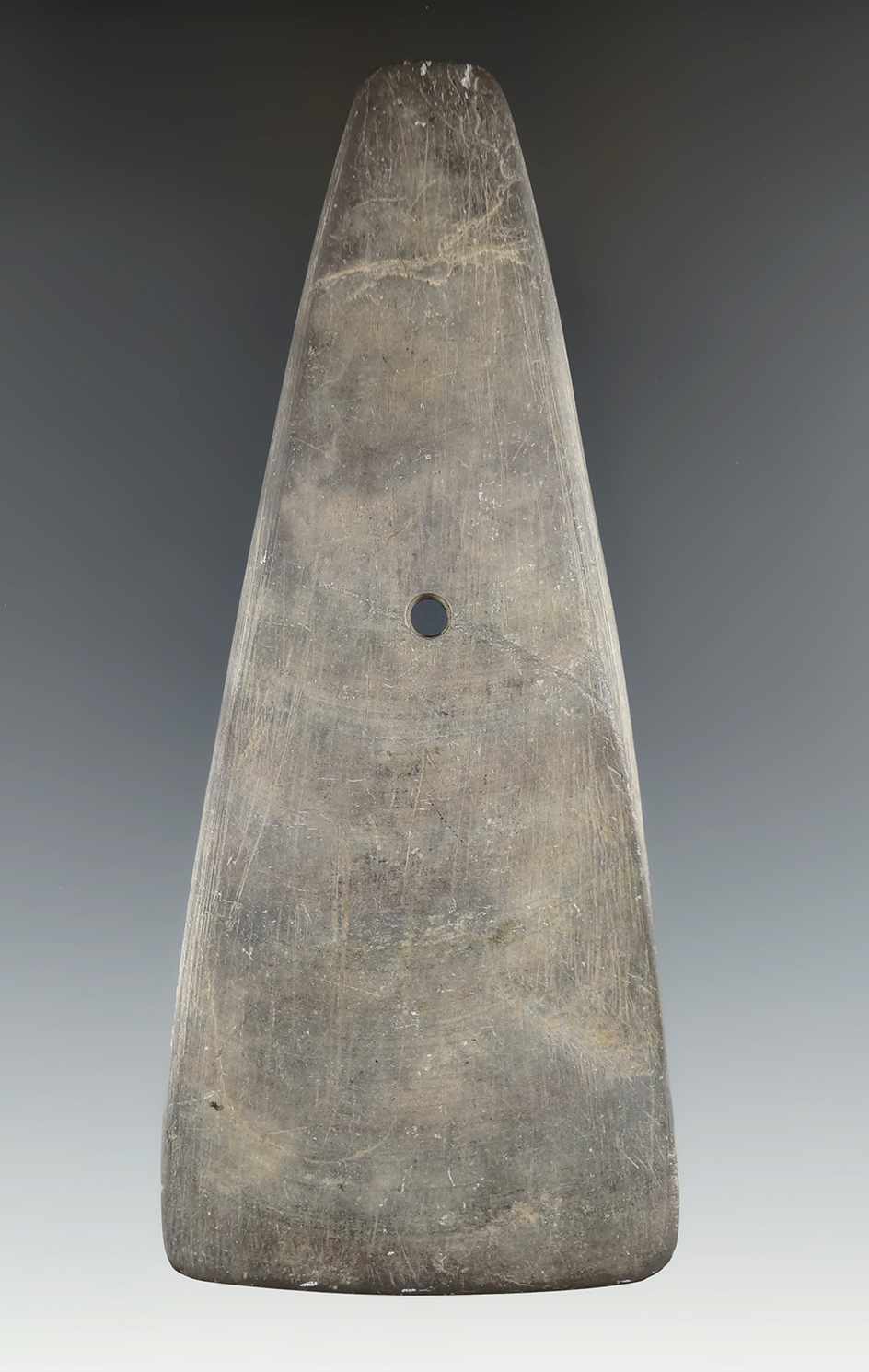 4 15/16" Hopewell Trapezoidal Pendant made from Banded Slate, found in Hancock Co., Ohio.