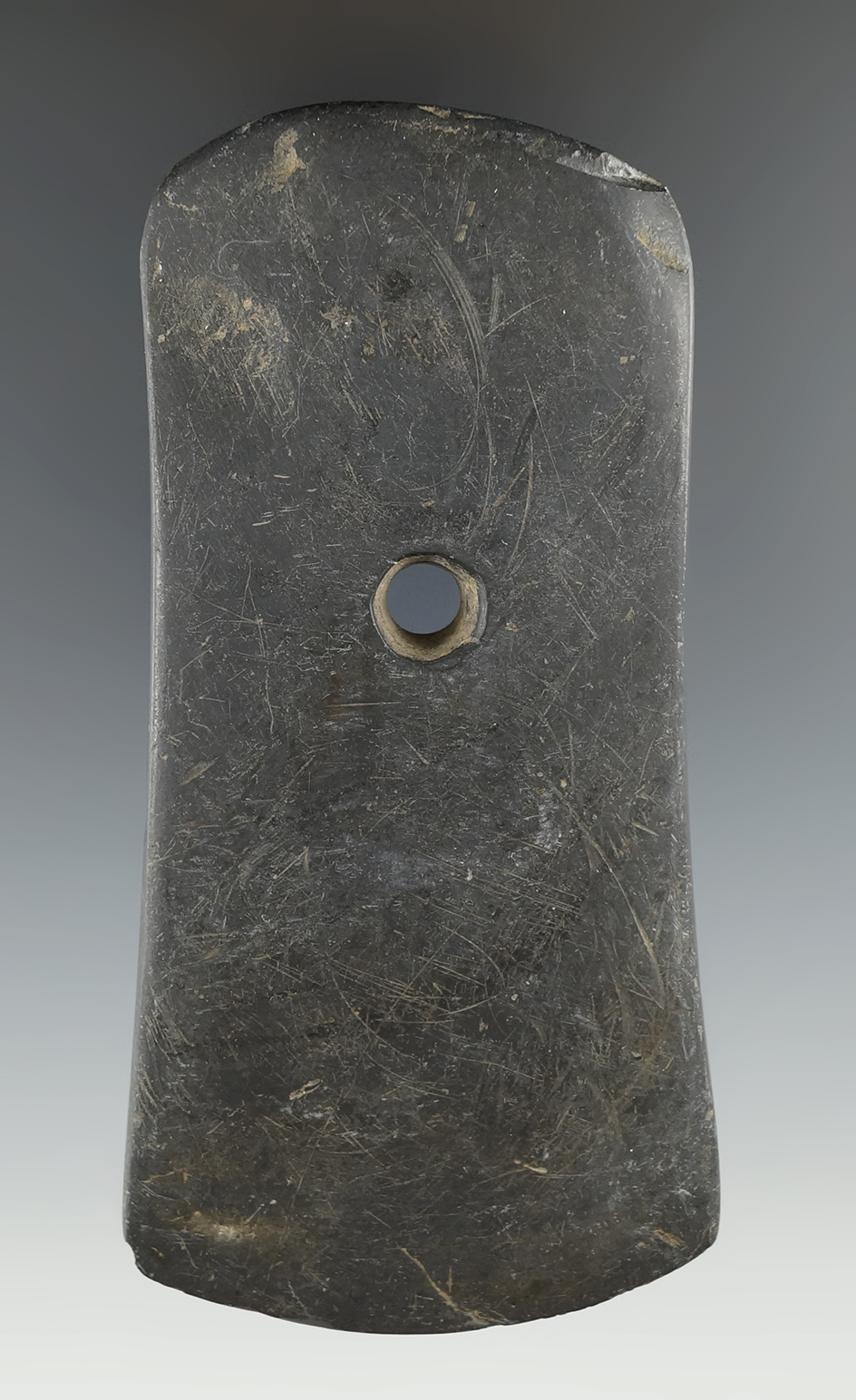 4 5/8" Adena Bell Pendant made from black Slate, found in Ohio.