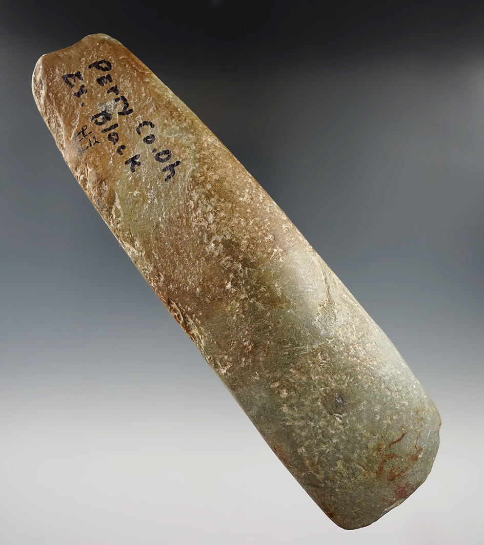 Large 7 13/16" slate Celt found in Perry Co., Ohio. Ex. Kenny Black, Paul Hothem collections.