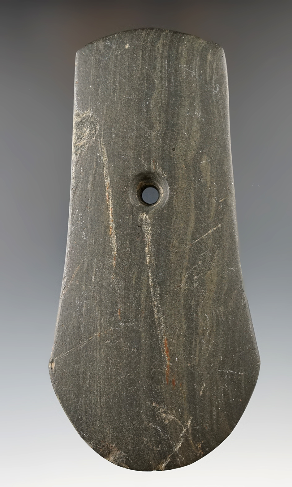4 7/8" Adena Keyhole Pendant made from green and black Banded Slate, Delaware Co., Ohio.