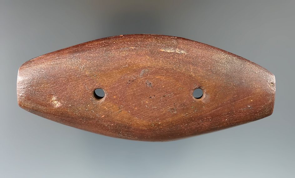 4 1/4" Glacial Kame Gorget made from red and black Slate. Ex. Bill Tiell Collection.