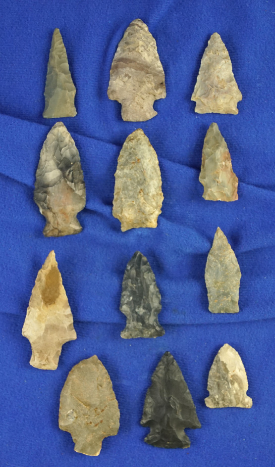 Set of 12 assorted Midwestern arrowheads, largest is 2 1/4".