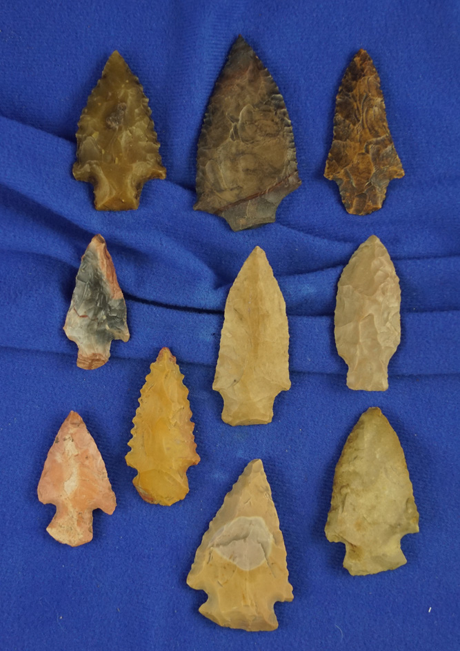 Set of 10 assorted southern US arrowheads, largest is 2 3/8".