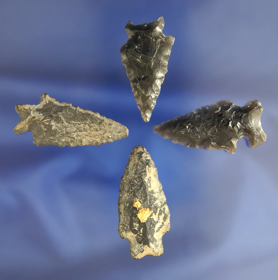 Set of four assorted arrowheads nice condition, largest is 1 11/16"  found in Idaho in the 1940s – 1