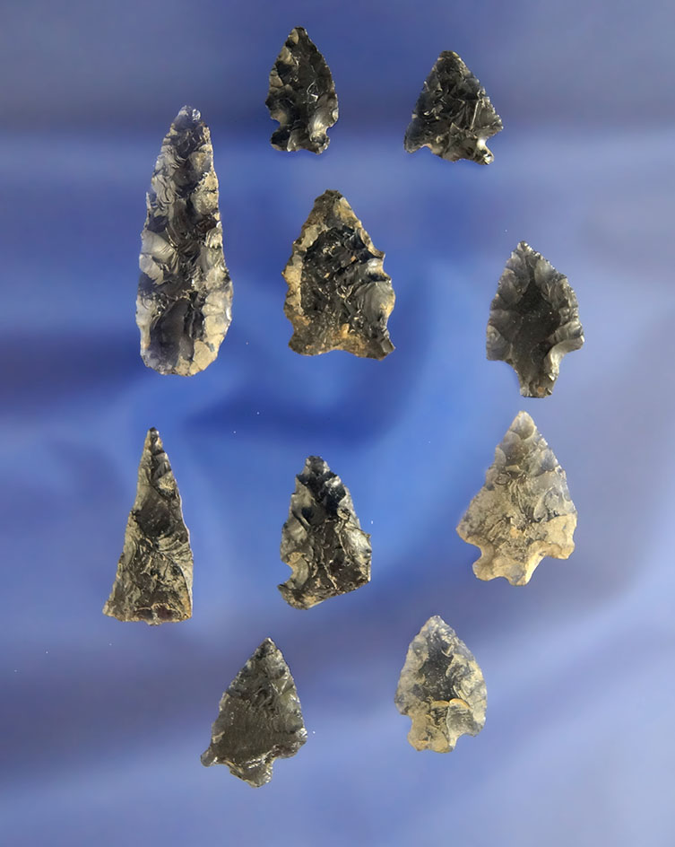 Set of 10 assorted Arrowheads, largest is 1 5/16" found in Idaho in the 1940s – 1950s.