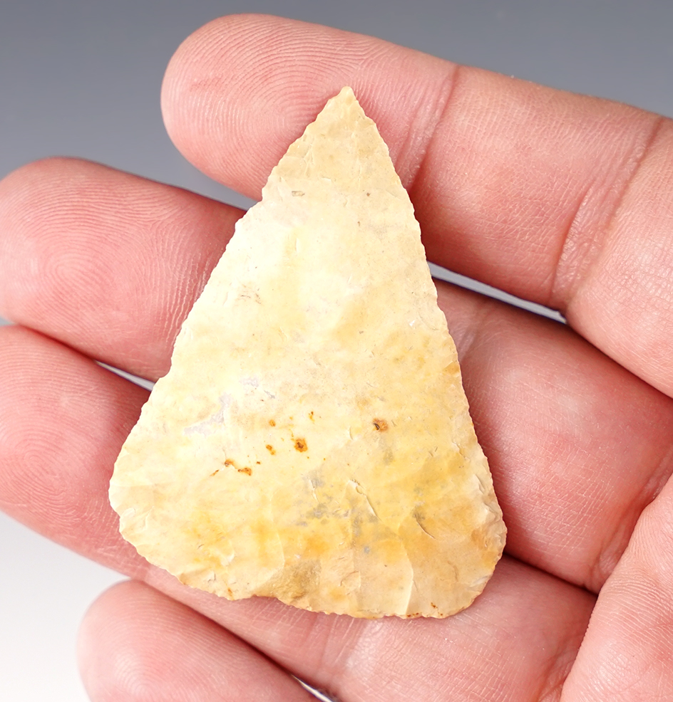 2 1/16" extremely thin and well made Ft. Ancient knife made from cream and yellow flint. 