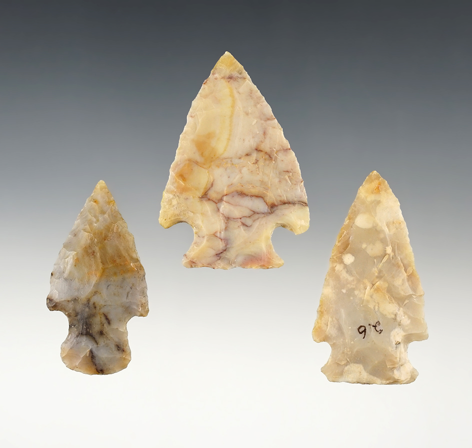 Set of 3 Flint Ridge Hopewell points. One has some restoration. The largest is 2 1/4".