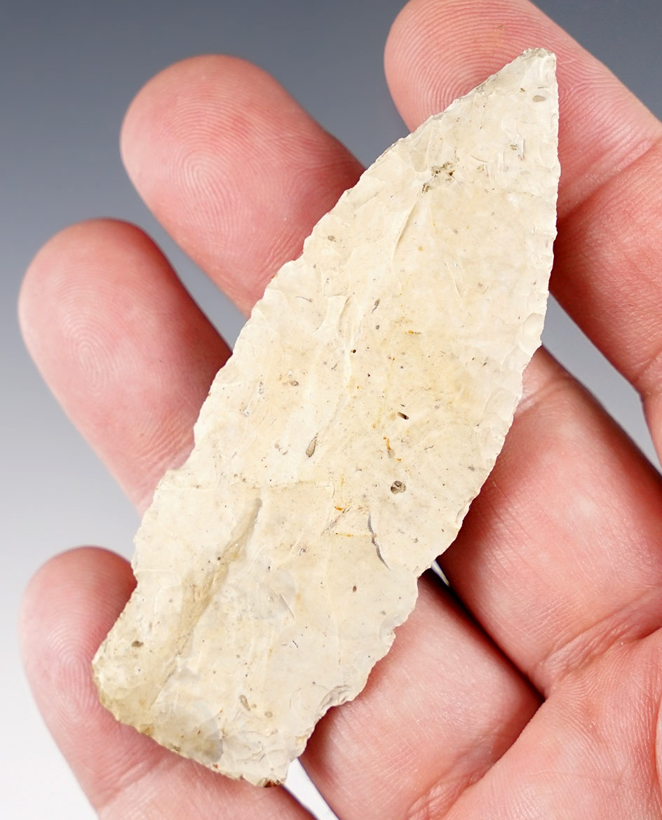 3 1/8" Paleo Stemmed Lance made from Flint Ridge Flint. Found in Lexington, Richland Co., Ohio.
