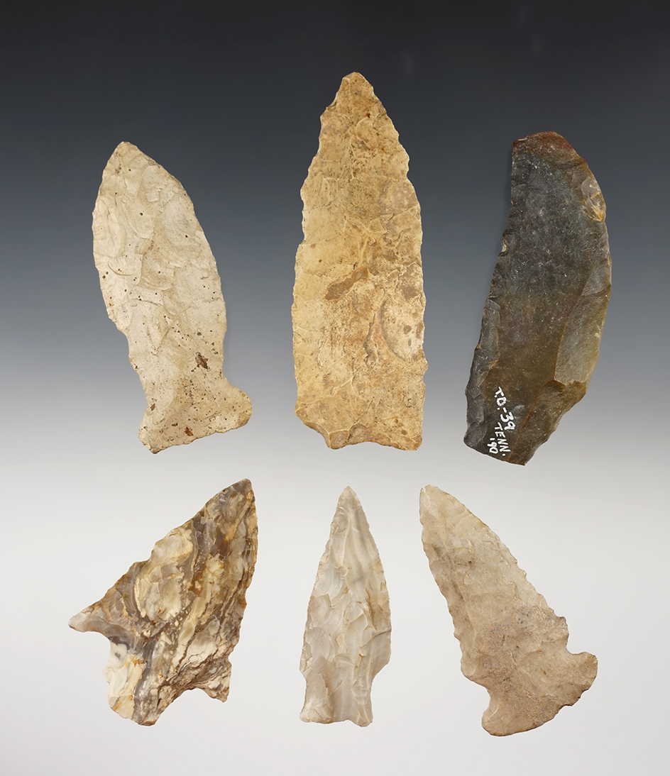 Set of 6 nice assorted Midwest points. The largest is 3 13/16".