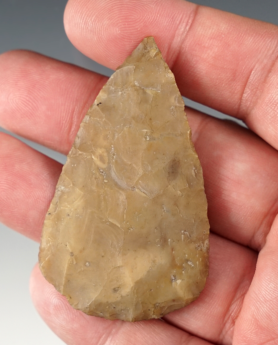 Thin and fine 2 7/16" Hopewell Cache Blade found in Ohio. Made from multi-colored Chert. 