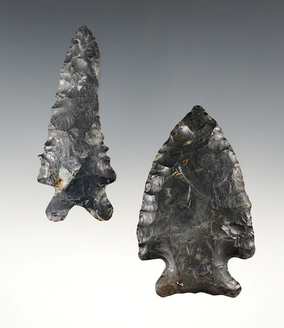 Pair of Ohio Archaic points. The Bifurcate is broken/glued and the Corner Notch is restored.