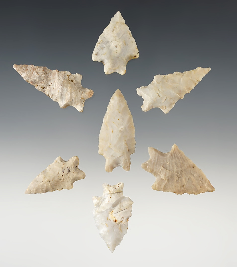 Set of 7 nicely made Flint Ridge Bifurcates found in Ohio. The largest is 1 5/8".