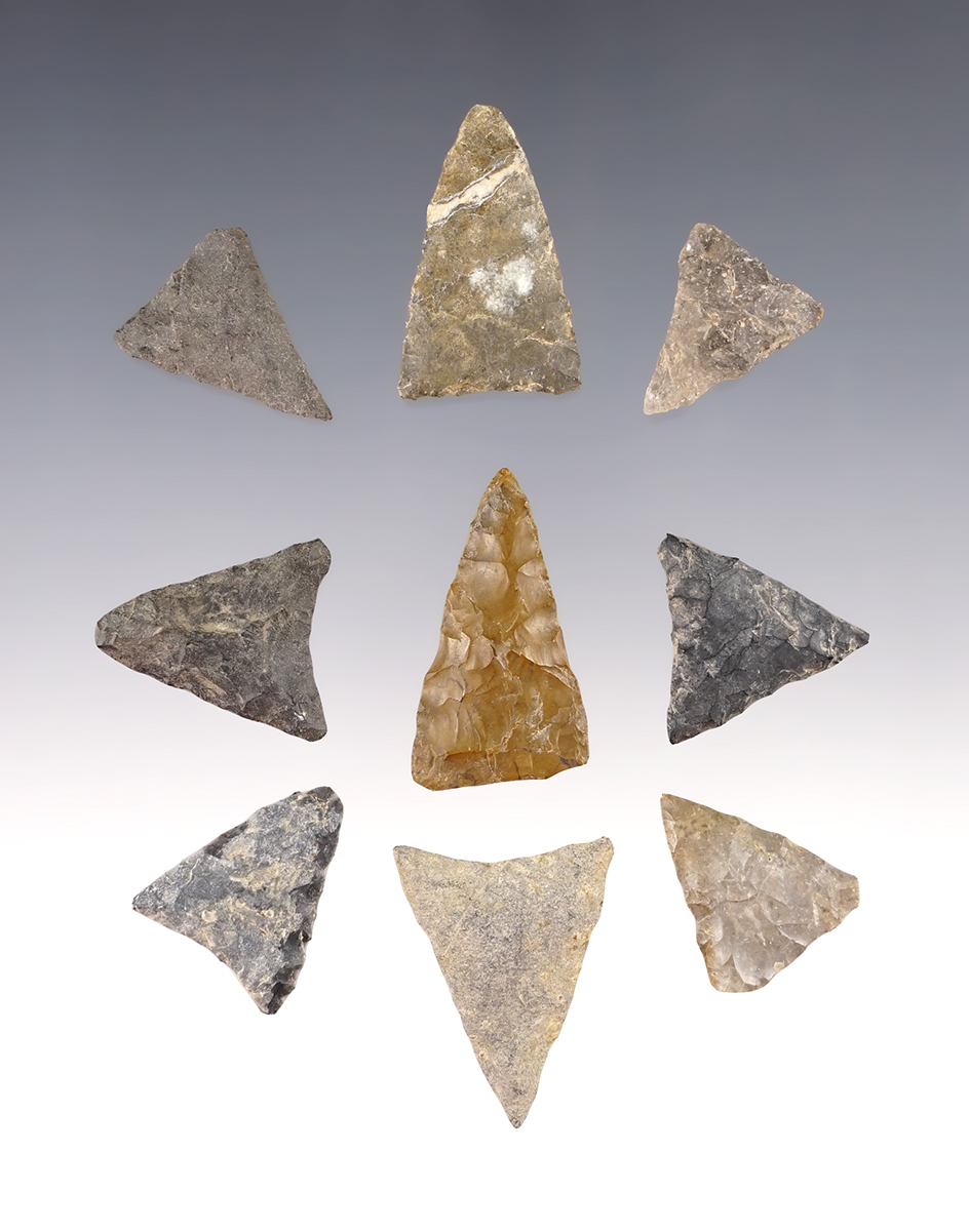 Set of 9 Triangle points found in the Midwest. The largest is 1 7/16".