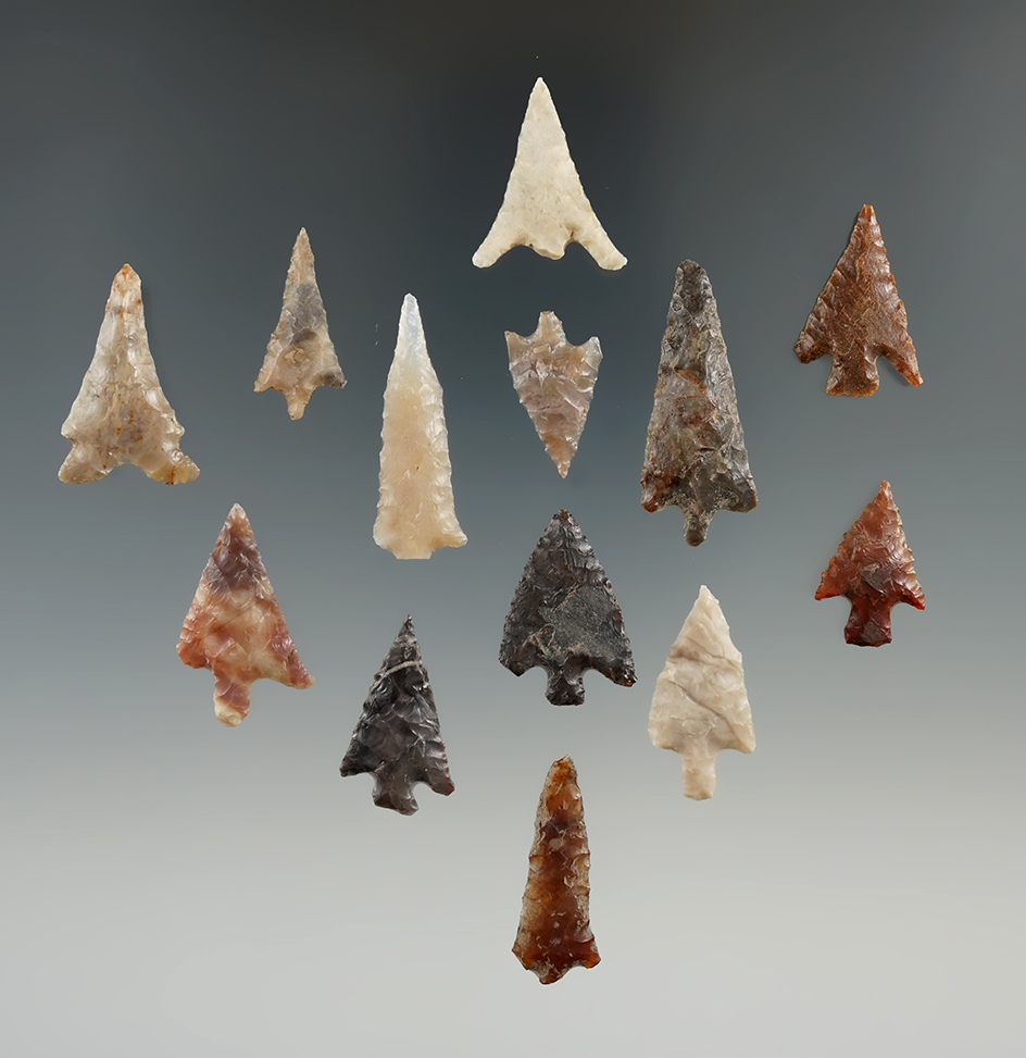 Set of 13 assorted Columbia River arrowheads, largest is 1 3/8".