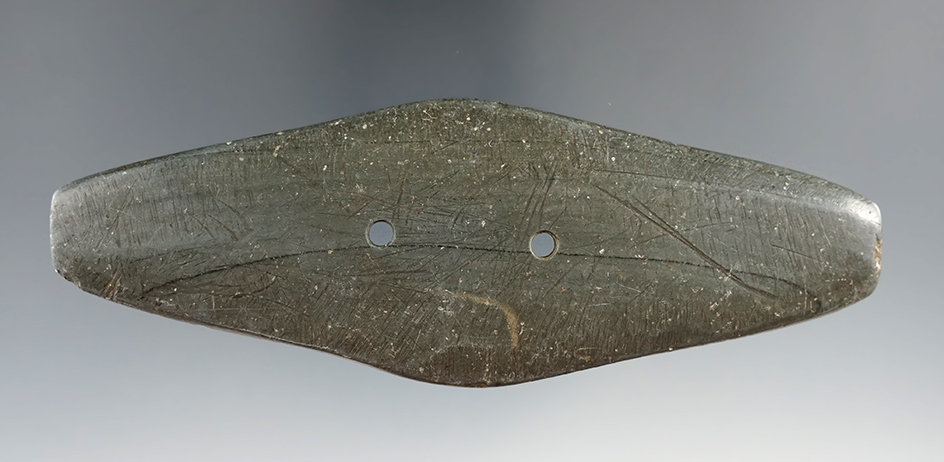 4 13/16" Hopewell Expanded Center Gorget made from Banded Slate, found in Delaware Co., Ohio.