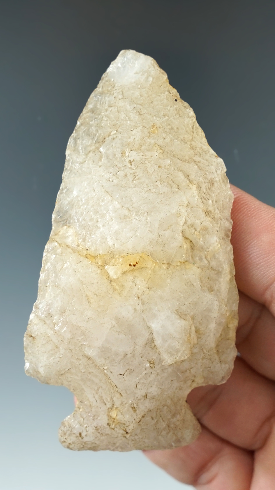 3 1/4" translucent quartz Archaic Point found in Clinton, Illinois.