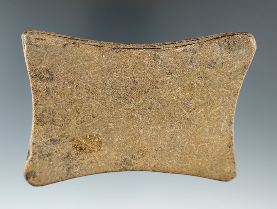 3 3/4" Sandstone Adena Quadriconcave Gorget. Nicely patinated. Lightly "tapped" but not drilled.