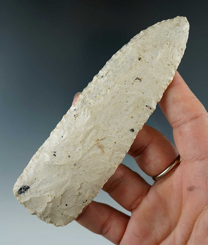 4 13/16" highly patinated pinkish Burlington beveled Knife. Found in Scott Co., Missouri.