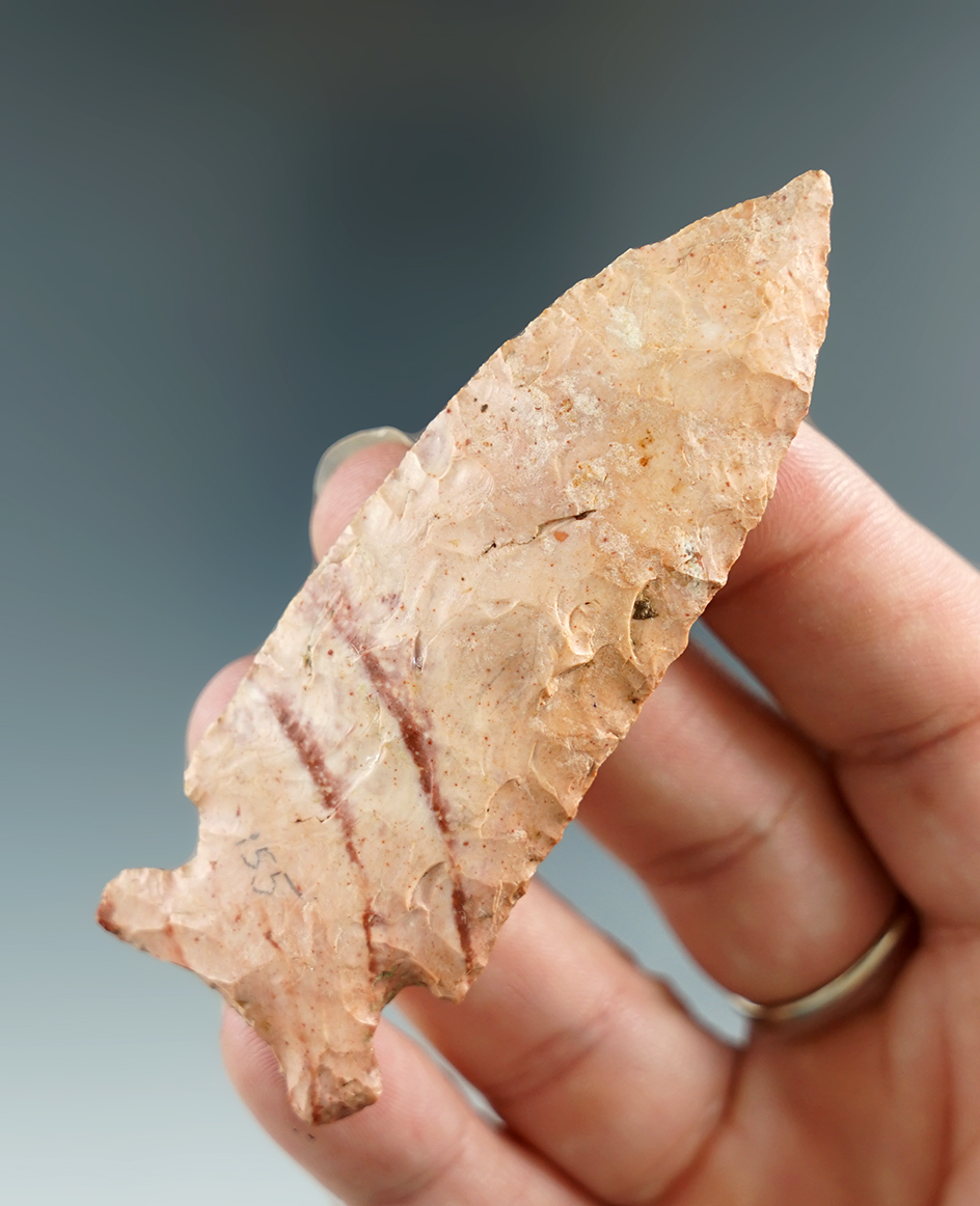 3 1/8" Osceola-Hemphill made from heat treated Burlington Chert, found in Illinois. Dickey COA.