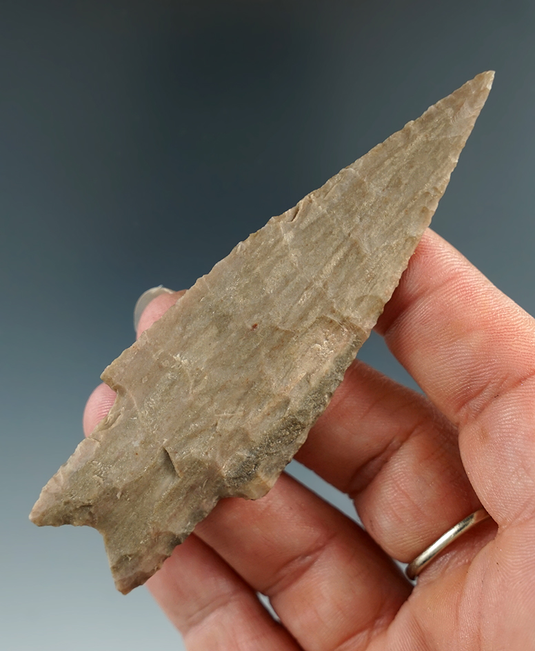 Excellent flaking and style on this 3 9/16" Pedernales point found in Texas. Ex. George L. Brooks Jr