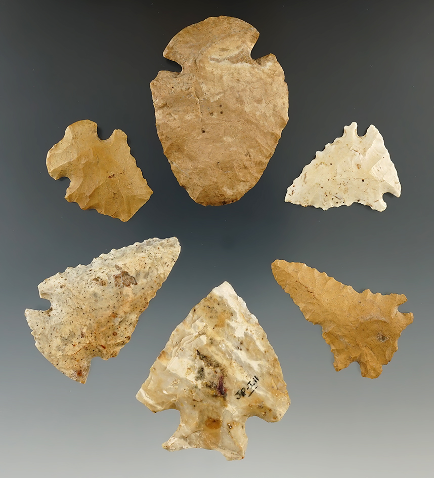 Set of six points and knives found by Don Simmons in Illinois. Largest is 2 5/16".