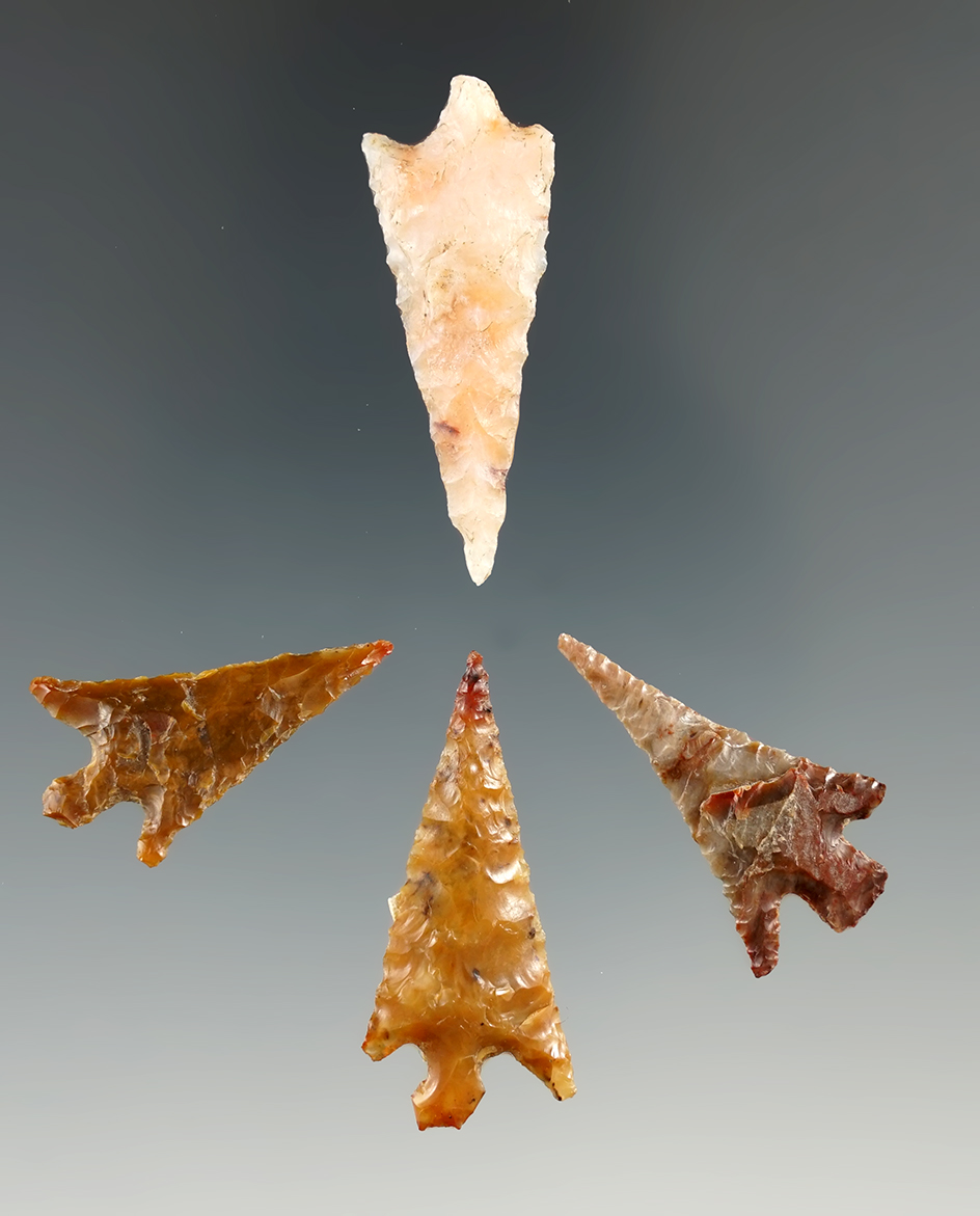 Four assorted Columbia River arrowheads, largest is 1 7/16".