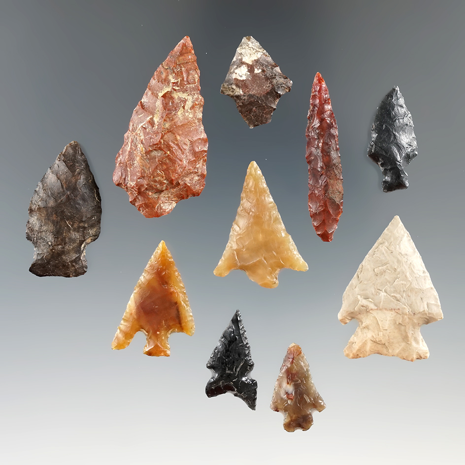 Group of 10 assorted arrowheads found near Biggs Junction, Oregon. Largest is 1 1/2".