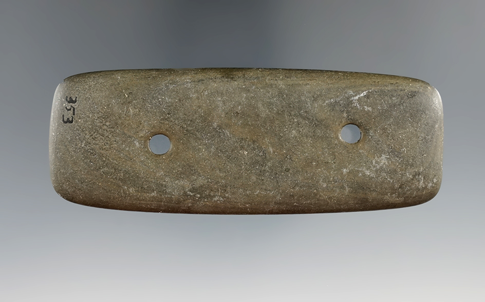 4" Glacial Kame Bar Gorget made from green and black Banded Slate, found in Hamilton Co., Ohio.