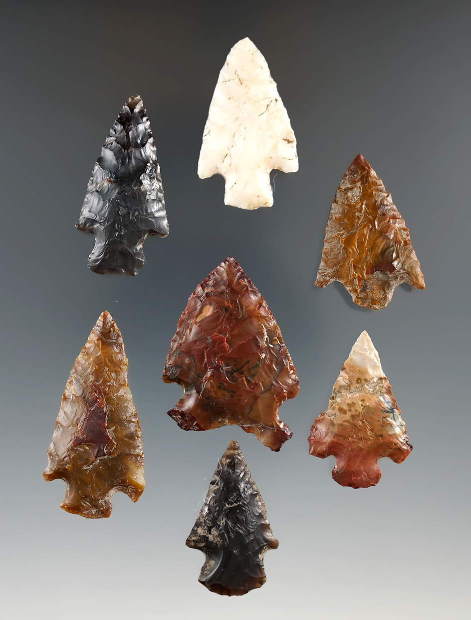 Seven assorted arrowheads found In Klickitat County Washington largest is 1 5/8".