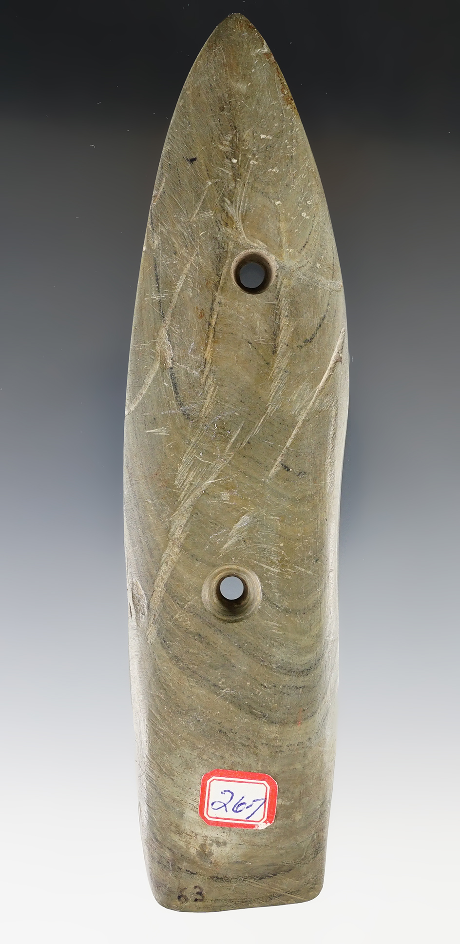 6 9/16" Classic Banded Slate Glacial Kame Coffin Gorget. Thin and finely made. Seneca Co., Ohio.