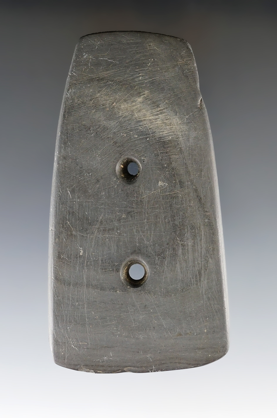 4 1/8" Banded Slate two hole Glacial Kame Gorget. Nice and well made. Found in Erie Co., Ohio.