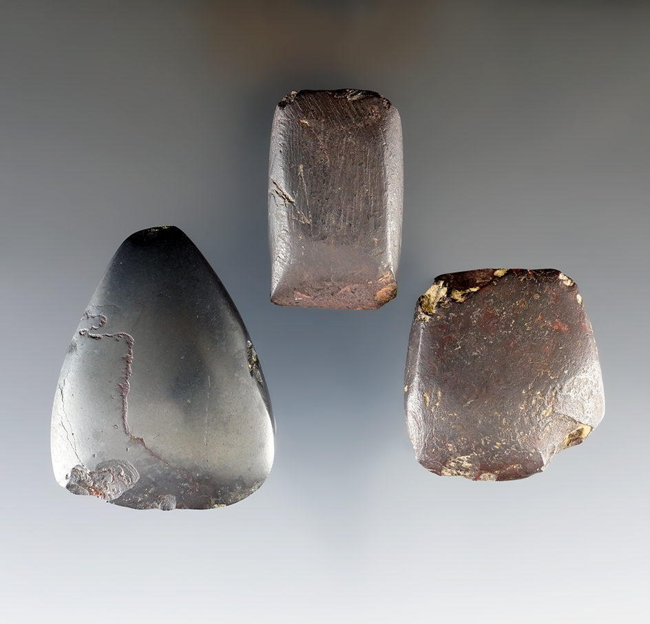 Set of 3 good Hematite Celts found in Ohio. The largest is 2"