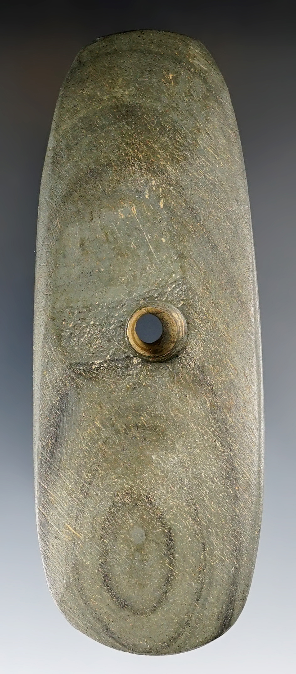 Well patinated 4 3/8" Banded Slate Pendant found on the Shrock Farm in Holmes Co., Ohio.