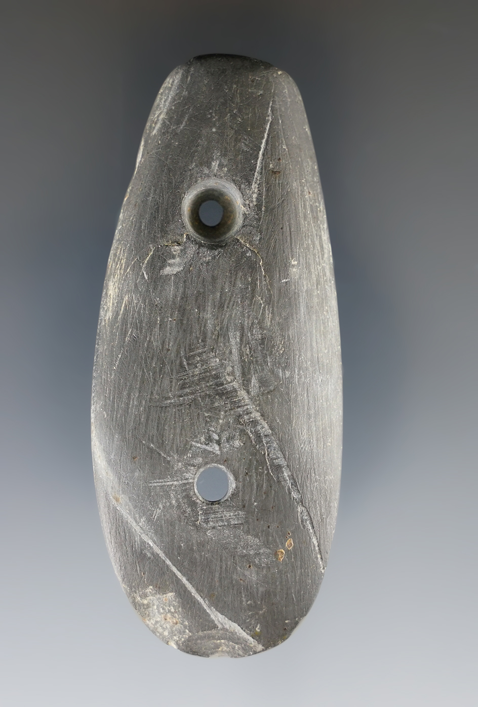 3 1/8" Glacial Kame two hole Gorget found in Erie Co., Ohio. Mini "coffin" style.