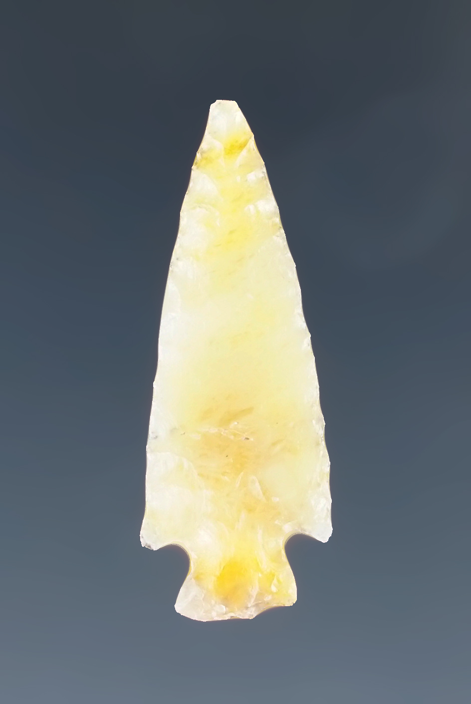 1 1/16" Rose Spring Point made from highly translucent yellow Agate found in Oregon.