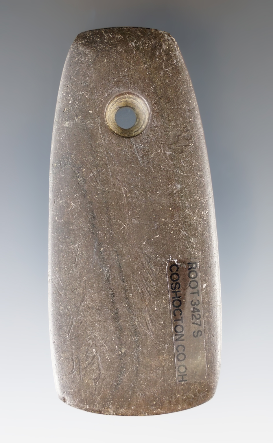 3 3/8" Adena Trapezoidal Pendant Found by G. Miller in Coshocton Co., Ohio.