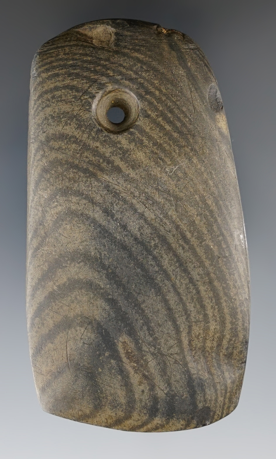 3 7/16" Pendant made from attractive banded slate. Found in Ashtabula Co., Ohio.