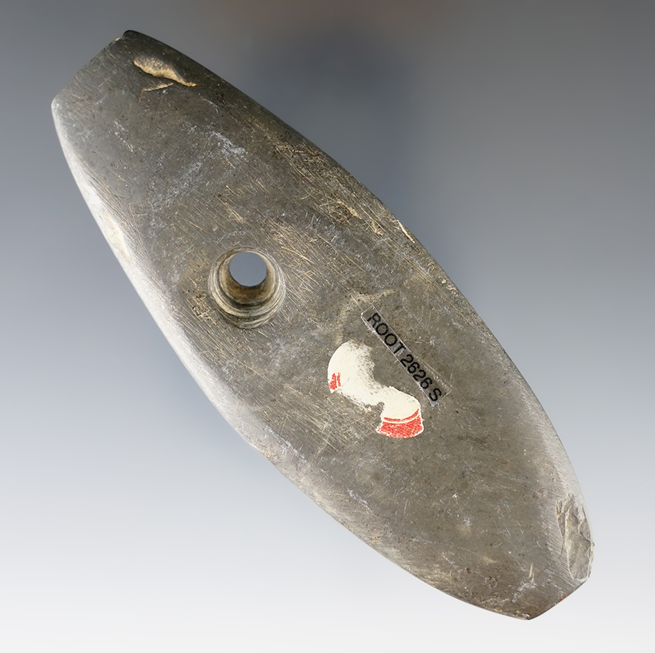 4 1/2" Adena Pendant made from gray Slate. Found near Prospect, Prospect Twp., Marion Co., OH.