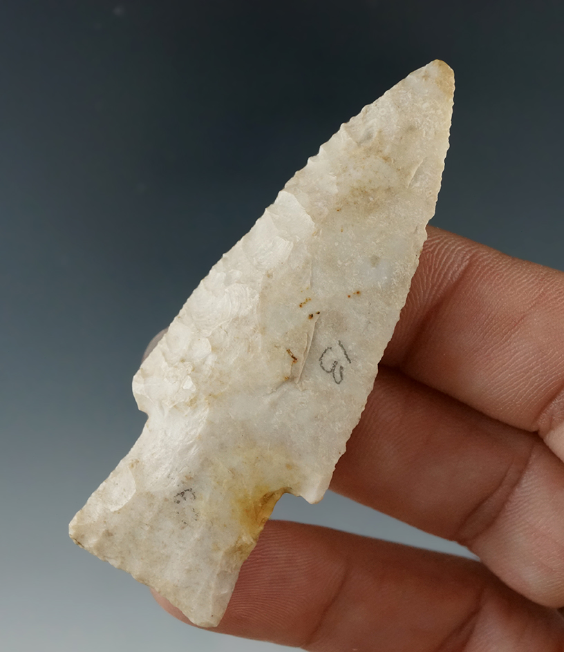 Excellent flaking and style on this 2 5/8" Hardin found near Rush Tower, Jefferson Co., Missouri. Ex