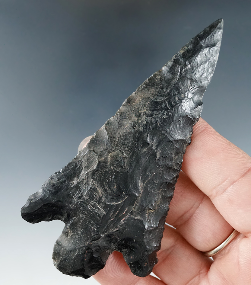 3 3/4" obsidian Aztec knife with restoration to tip and one ear completed by Dennis Bushey..