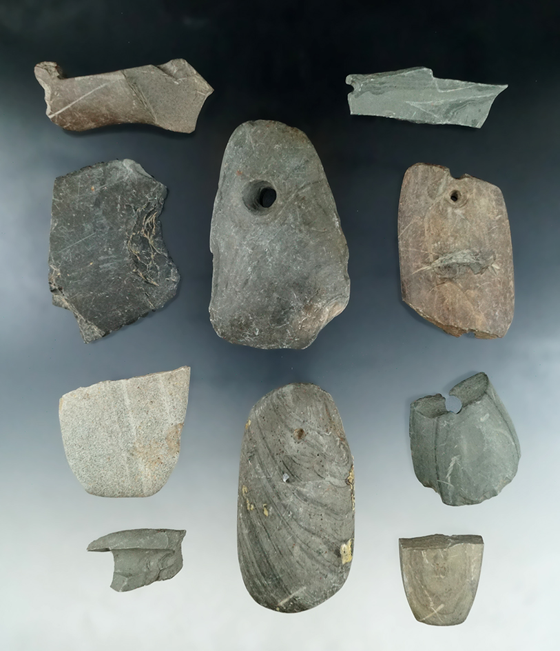 Group of damage slate artifacts found in Ohio which are great for study.