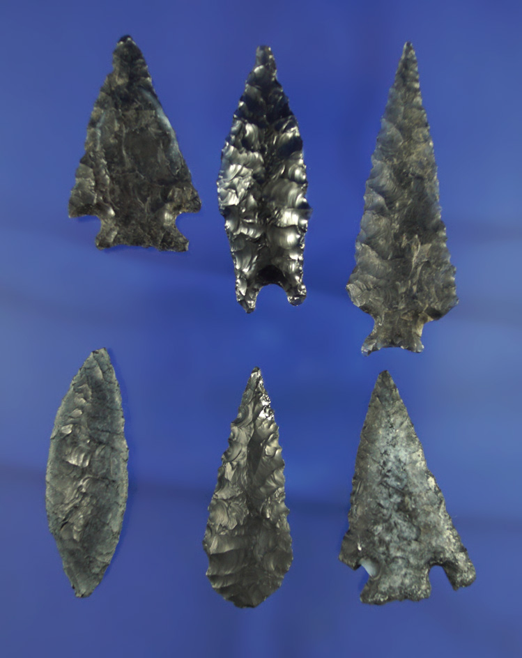 Excellent selection of six assorted arrowheads found near Fort Rock Oregon, largest is 2 1/4".