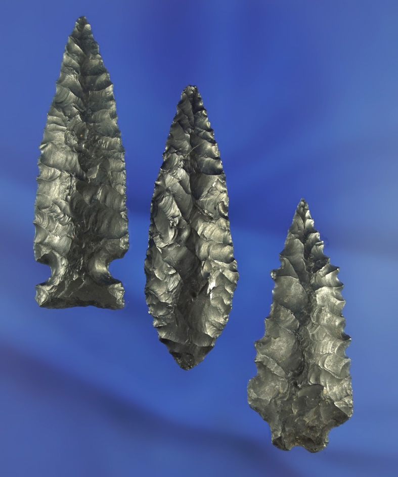 Wonderful set of three beautiful quality obsidian arrowheads found near Fort Rock Oregon.