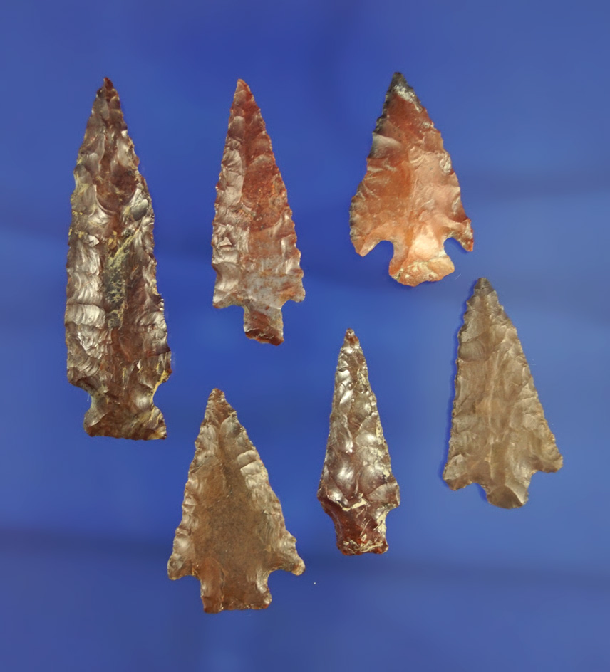 Set of six assorted Columbia River arrowheads, largest is 2" found by Norma Berg - Columbia River.